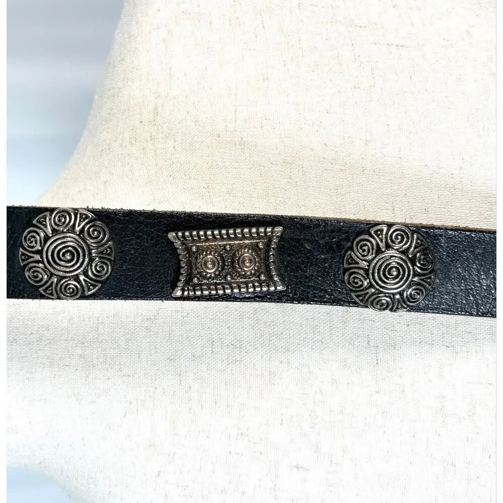 Conch Belt Black Leather Floral Aztec Silver Tone Patina Women’s Size S